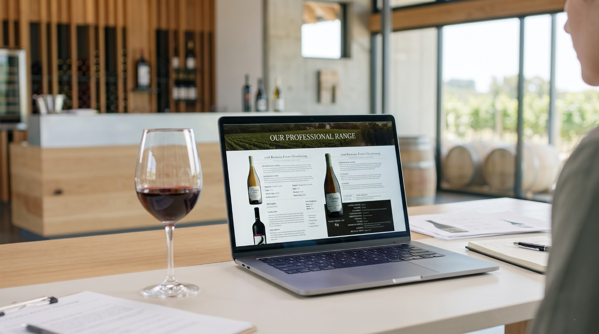Wine trade materials on laptop